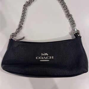 Coach Black Pebbled Leather Shoulder Bag with Silver Chain Small